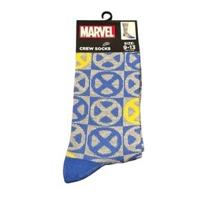 3/$20 Marvel X-Men Crew Socks a Blue Yellow Gray pattern with X-Men "X" logo NWT